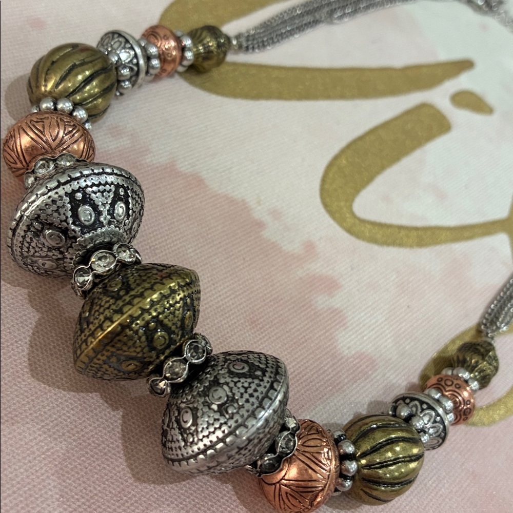 Multi-Tone Beaded Statement Necklace - Silver, Go… - image 4